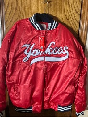 Yankees Red Satin Bomber Jacket with Script Logo